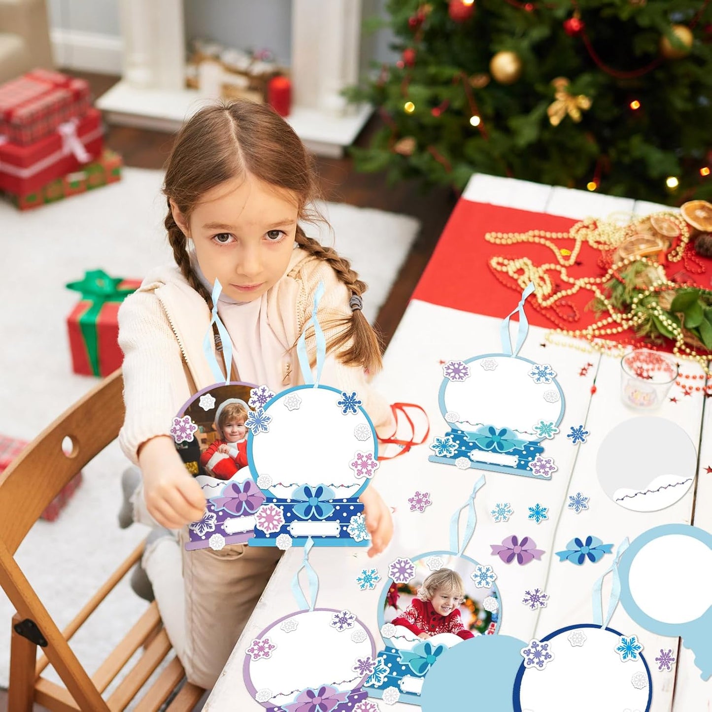 Barydat 24 Set Winter Picture Frame Craft Kits Paper Snow Globe Crafts for Kids Bulk Christmas Tree Ornament DIY Winter Photo Frame Crafts for Home Classroom Activities Party Decoration