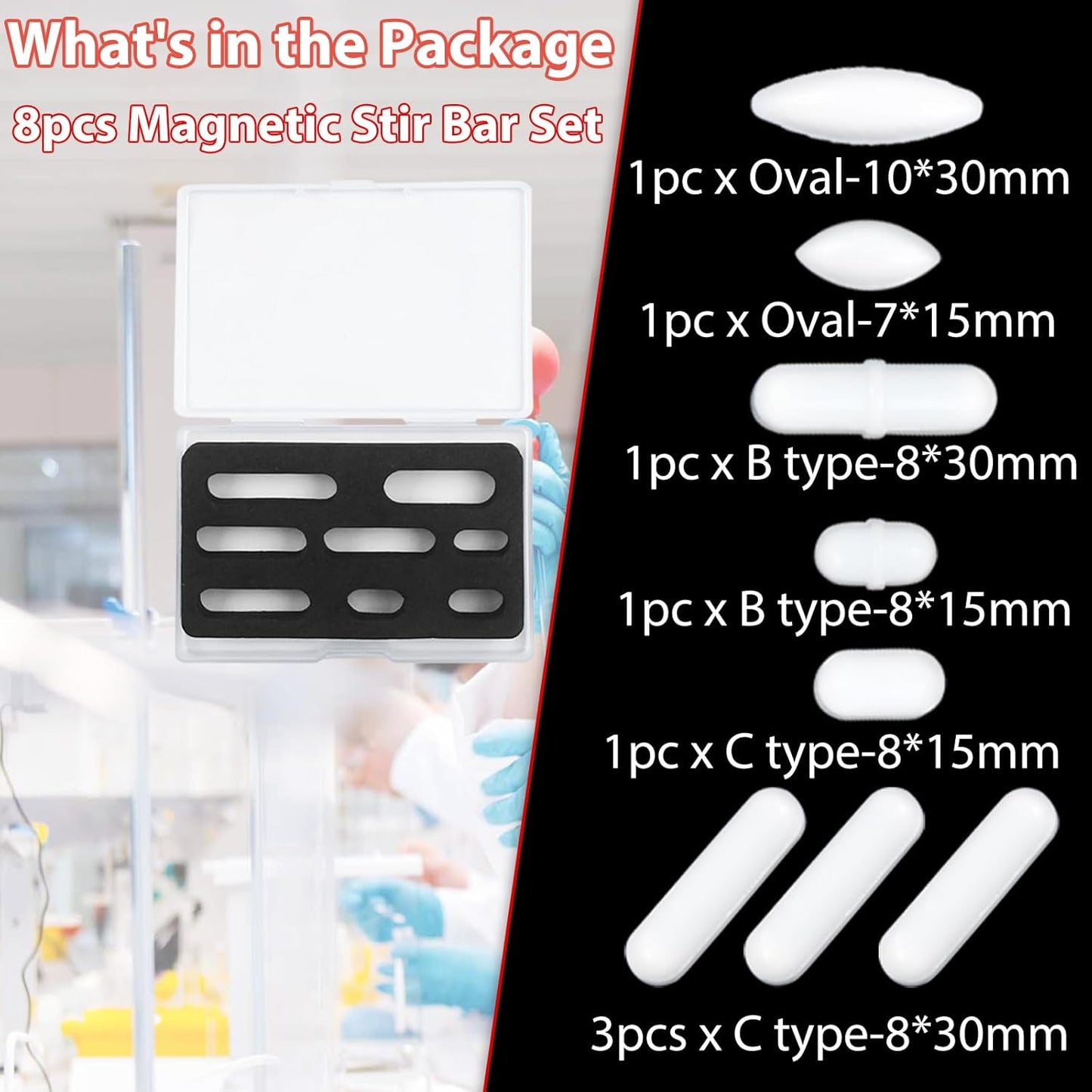 Magnetic Stir Bars with Magnetic Retriever Set, Lab Mixed Size PTFE Magnetic Stirrer Mixer Stir Bars PTFE Stiring Rod, 8x35mm, 8x30mm, 8x28mm, 7x30mm Magnetism for Laboratory Home DIY Project