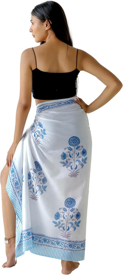 100% Cotton Sarong Cover Up for Women Indian Block Print Beach Wrap Skirt Long Boho Swimsuit Bikini Pareo (73” x 43”)