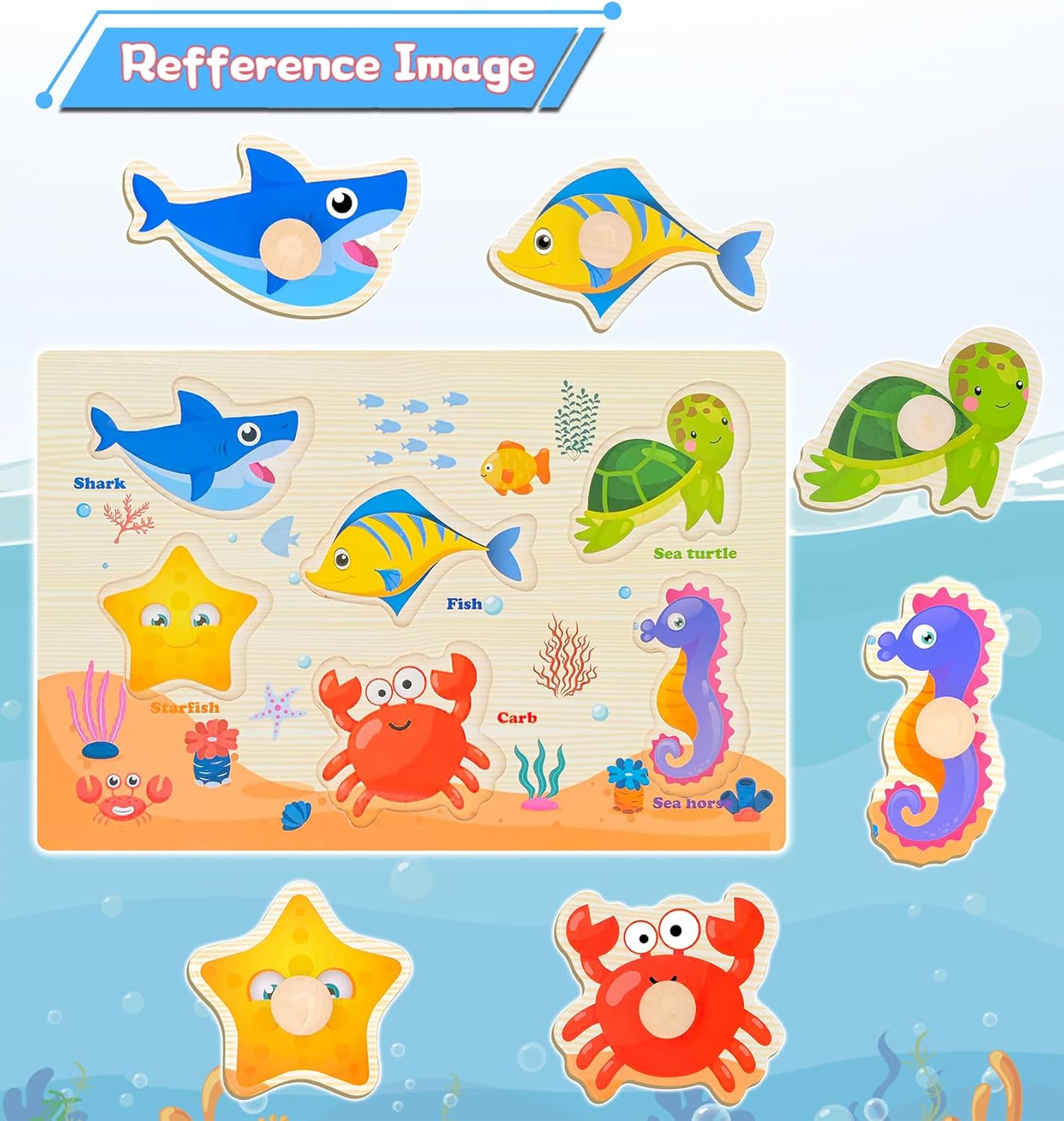Wooden Peg Puzzles for Toddlers,Montessori Toddler Jigsaw for Child,Fine Motor Skill Learning Puzzle Toys for Baby Boys Girls Gifts-6 Pcs Shape,Farm,Sea Animal,Dinosaurs,Fruits,Animal