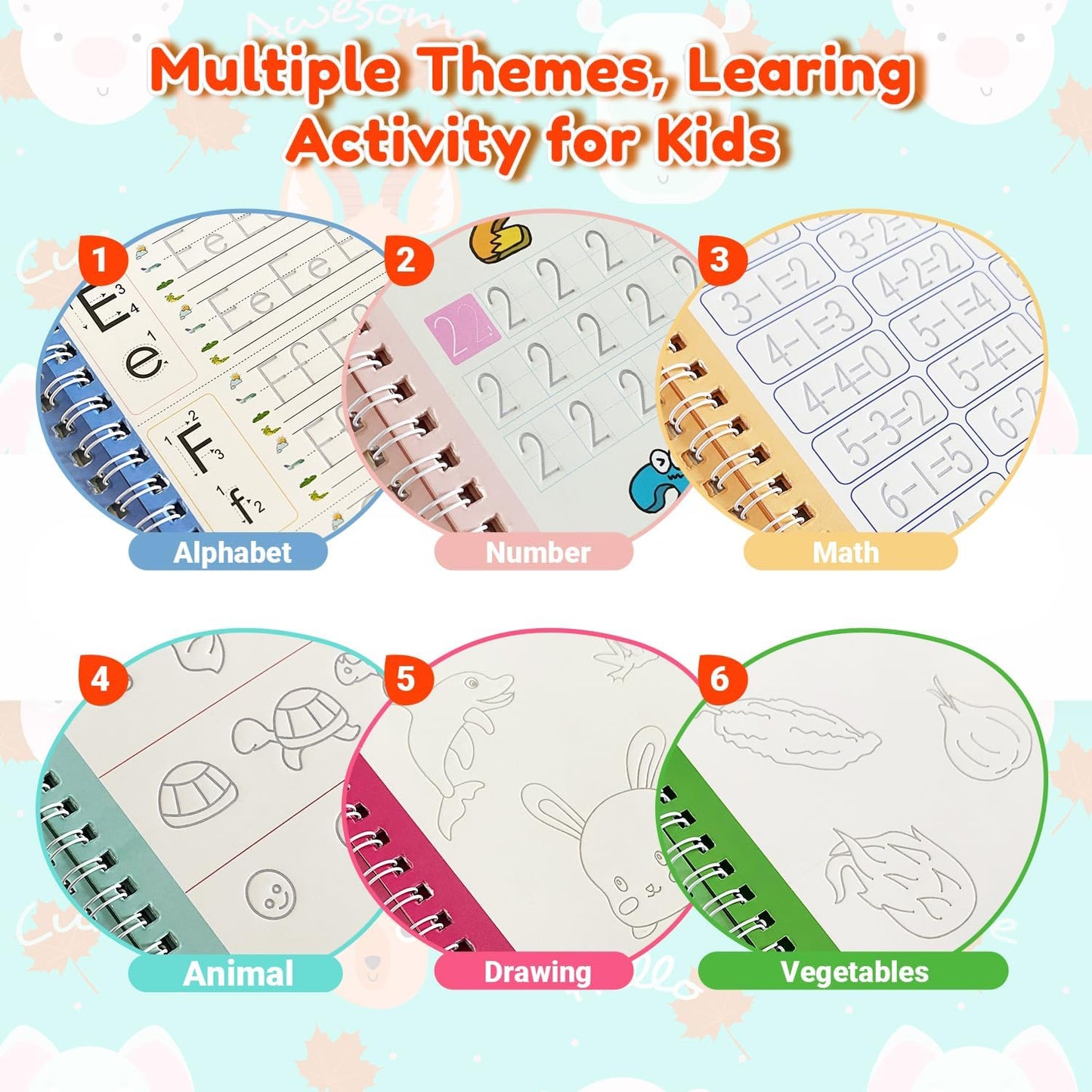 Elover Magic Grooved Writing Practice for Kids,Reusable Grooved Handwriting Workbooks Ages 3-8 for Preschool Grooved Handwriting Practice (6 Books)