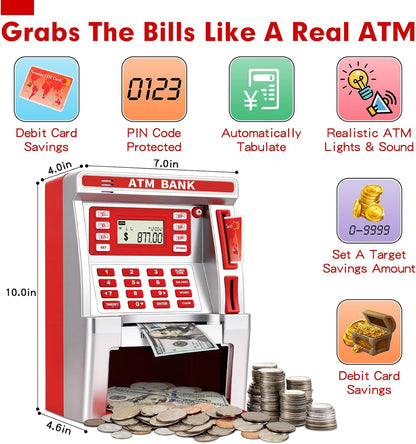BAODLON Piggy Bank for Kids, ATM Machine Bank for Real Money with Debit Card, Bill Feeder, Coin Recognition, Balance Calculator, Electronic Savings Safe Box, Cool Stuff Toys Gifts for Teen Boys Girls