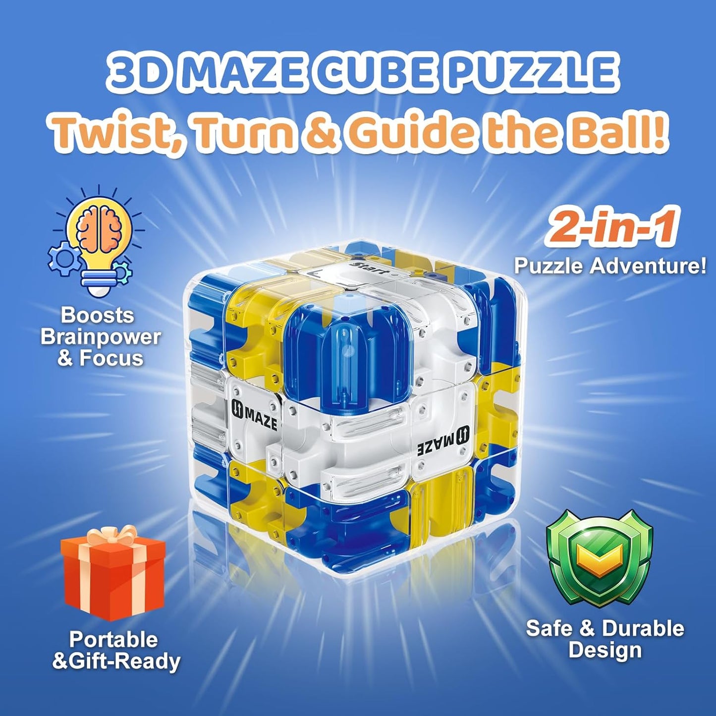 Large 3D Maze Cube Puzzle - Rolling Ball Labyrinth Game, Marble Maze Cube for Kids & Adults, Brain Teaser Educational Toy for Problem Solving & Cognitive Development