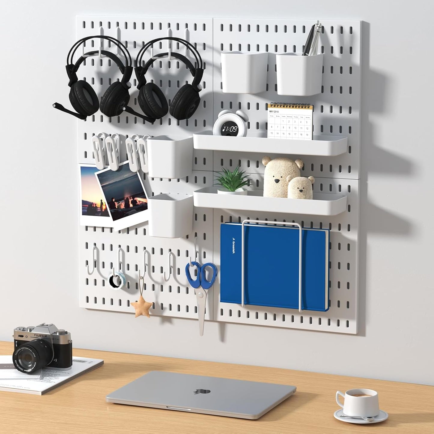 Peg Board Combination Kit, 4 Pegboards with 20 Accessories, Pegboard Wall Organizer for Office, Nursery & Home Storage, Key Holder, 25.6"x25.6" – Nail-Free Installation（White）