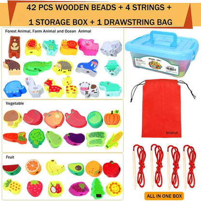 46 PCS Montessori Wooden Lacing Beads Toys for Toddlers,Educational Stringing Animals Fruits Farm Threading Beads Preschool Learning Toys for Kids 3 4 5 6 Year Old Boys Girls…