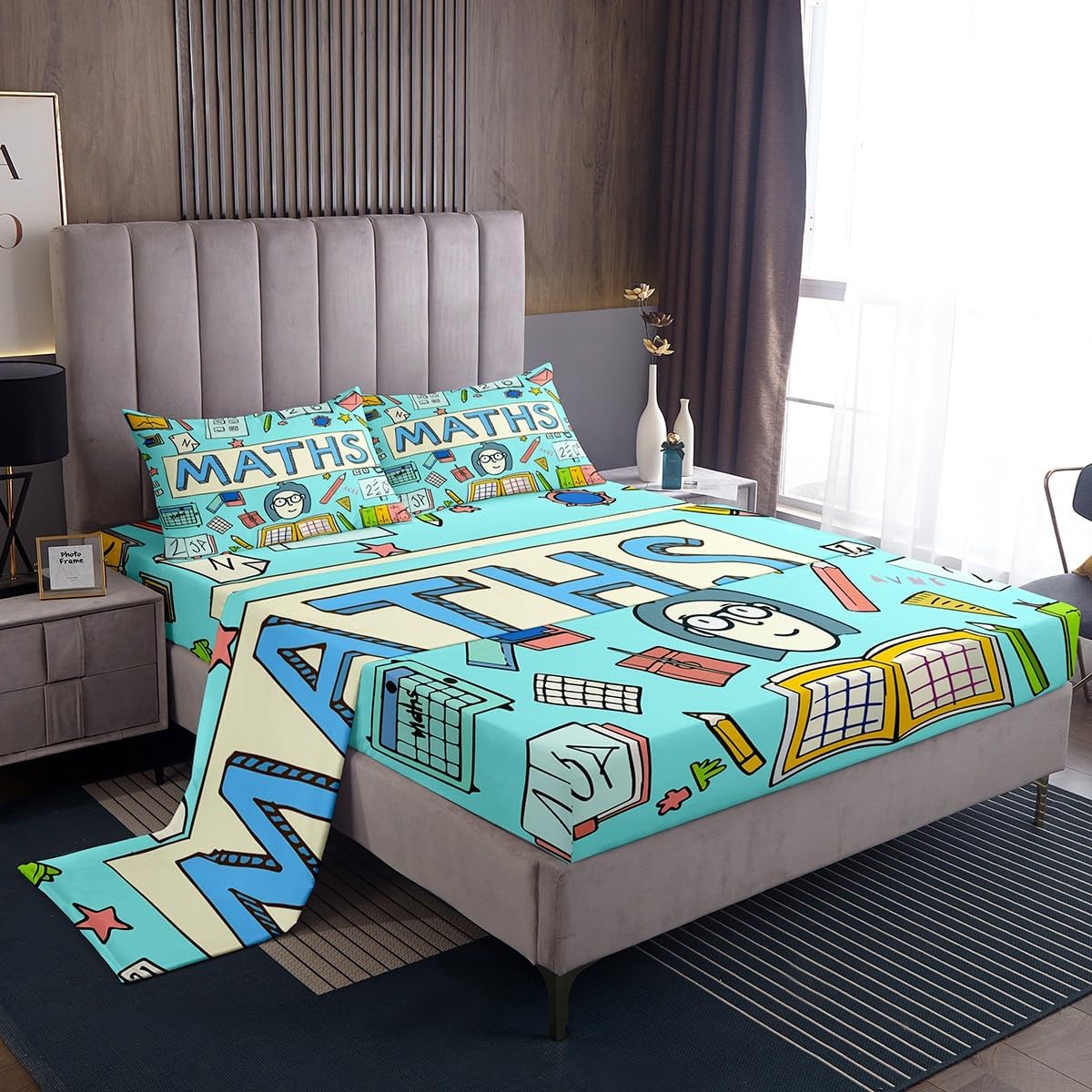 Erosebridal Science Theme Bed Sheets Set Full Size for Boys Girls Chemistry Periodic Table Print Sheet Set Chemical Subject Theme Sheets Teens Kids Math Science Atyle Fitted Sheet 4 Pcs