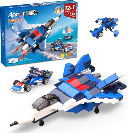 Apitor 12-in-1 STEM Building Blocks Kit for Kids Ages 4-8 | 139 Pcs Creative Construction Toy with Digital App & Paper Manual | Fighter Jet Model Build Robot DIY Activity Toy for Ages 6+ Years