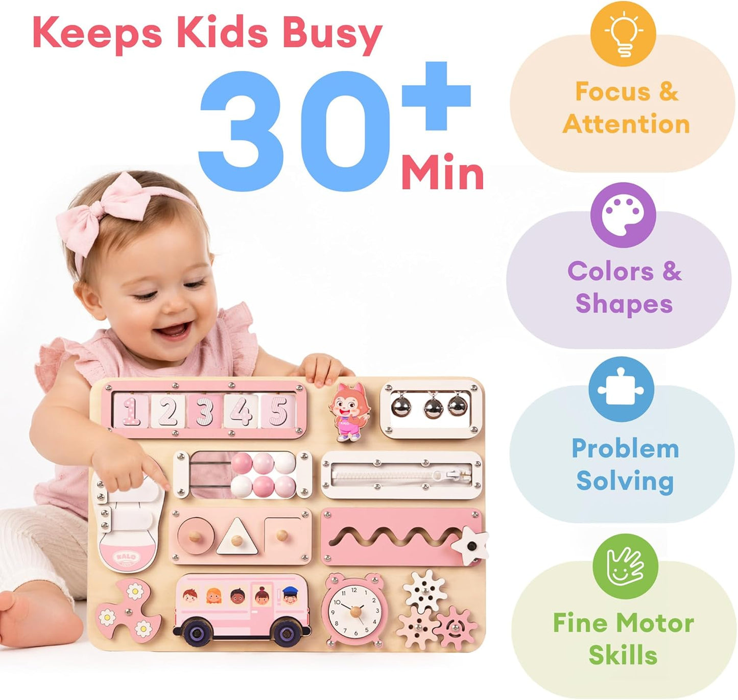 KALOTOYS Large Montessori Busy Board for Baby & Toddlers 1-3 — 17-Inch Wooden Sensory Activity Board — Fine Motor Skills & Early Learning Educational Toy for 1 2 3 Year Old, Travel Friendly & Safe