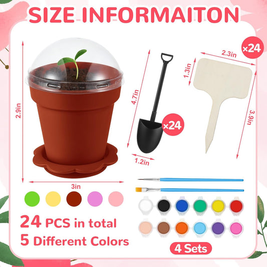SiliFine 24 Sets Spring Kids Plant Growing Kit Flower Pots Cupcake Plant Nursery Pots Gardening Kit for Kids with Paint and Stickers Labels Name Tag for Easter Mothers Day Craft Bulk Classroom