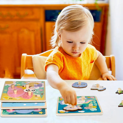 Wooden Puzzles for Toddler Peg Puzzle Toys, Wooden Jigsaw Puzzles Zoo Animal Patterns Puzzle with Handles Educational Montessori Puzzles