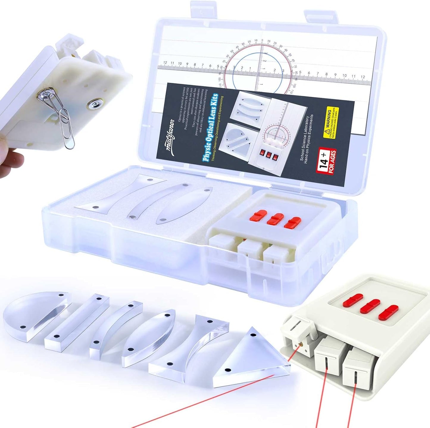 STEM Optical Refraction Reflection Experiment Kit- Magnetic Lenses Triangular Prism Acrylic Glass Block 3-Way Linear Light Source Teaching Equipment for School Classroom with Storage Box