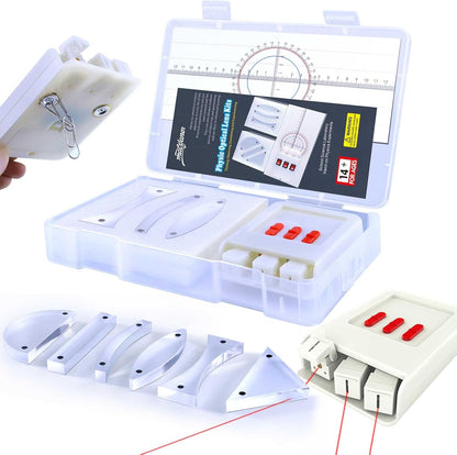 STEM Optical Refraction Reflection Experiment Kit- Magnetic Lenses Triangular Prism Acrylic Glass Block 3-Way Linear Light Source Teaching Equipment for School Classroom with Storage Box