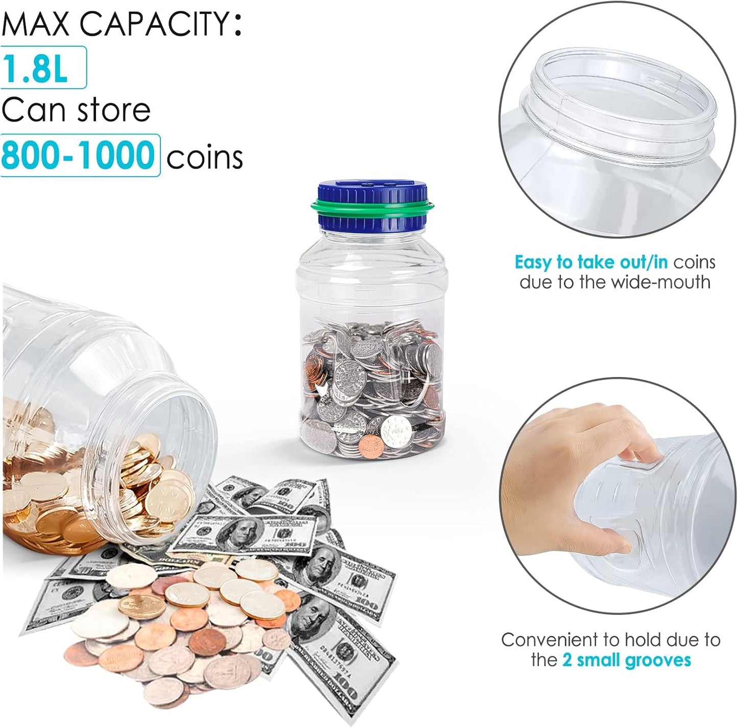 Large Piggy Bank for Adults Kids, Vcertcpl Digital Coin Counting Bank with 1.8L Capacity, Great Coin Bank Money Jar for Adults Kids with Saving Goals, Bank for All US Coins (Green B)