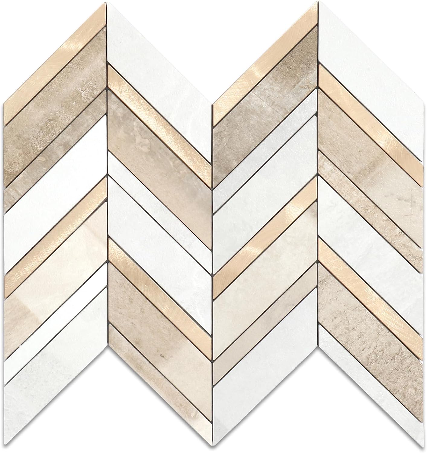 Yipscazo 10 Sheets Herringbone Backsplash Peel and Stick Tile, Marble Calacata Mixed Metal Gold PVC Stick on Backsplash for Kitchen, Waterproof Self Adhesive Wall Tile for Bathroom