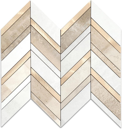 Yipscazo 10 Sheets Herringbone Backsplash Peel and Stick Tile, Marble Calacata Mixed Metal Gold PVC Stick on Backsplash for Kitchen, Waterproof Self Adhesive Wall Tile for Bathroom
