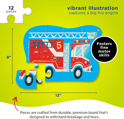 Crocodile Creek 12-Piece Mini Jigsaw Puzzle - Fun Floor Puzzles for Kids Ages 2-4 and Up - Heavy-Duty Shaped Box for Storage - Fire Truck - 12" x 9" Finished