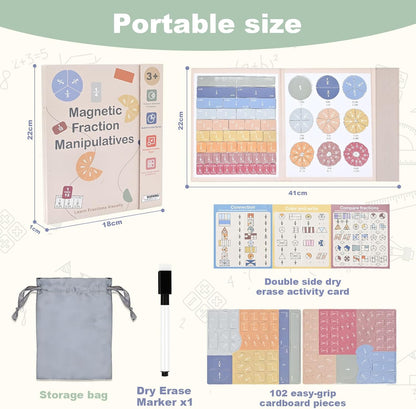 Magnetic Fraction Playbook - 102 Pcs Fraction Manipulatives with Low-Stimulation Colors & Built-in Systemic Exercises, Visual Math Learning Toy K-3, Includes Dry Erase Quiz Card, Marker & Bag