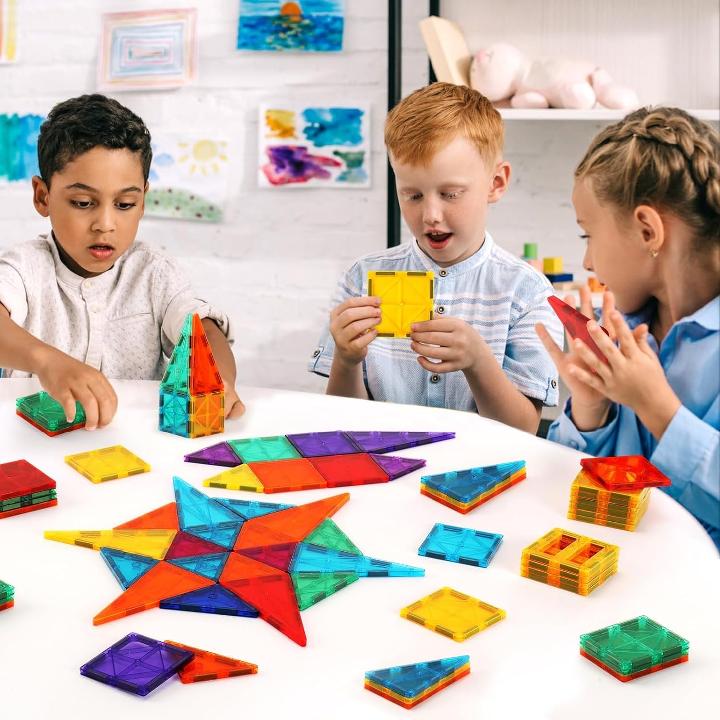 OugerToy 32-Pack Magnetic Tiles–Rainbow Builder Set, 2.95in STEM Construction Kit with Transparent Windows, Expand Creative Play for Kids