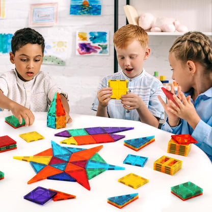OugerToy 32-Pack Magnetic Tiles–Rainbow Builder Set, 2.95in STEM Construction Kit with Transparent Windows, Expand Creative Play for Kids