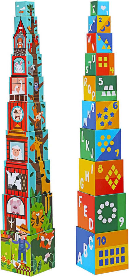 10 Pcs Nesting and Stacking Blocks for Toddlers 1-3 - Cardboard Stacking Cubes with ABC & Numbers - Montessori Educational Learning Toy - Sturdy Toddler Tower Building Set for Kids