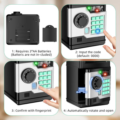 Piggy Bank, Automatic Electronic Piggy Bank for Kids Boys Girls with Password and Fingerprint Unlocking Simulation, Money Bank Kids Safe Toys for 3 4 5 6 7 8 9 10 Year Old Boy Girl (Black)