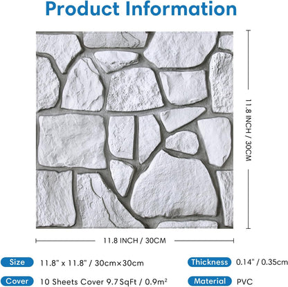 COMSTICKC 3D Faux Gray Stone Wall Sticker Peel and Stick Wall Panels,10 Pcs of 12"X12",Ultra-Light Thin PVC Decorative Tiles Rocks Stone Backsplash Interior Decor,Paintable