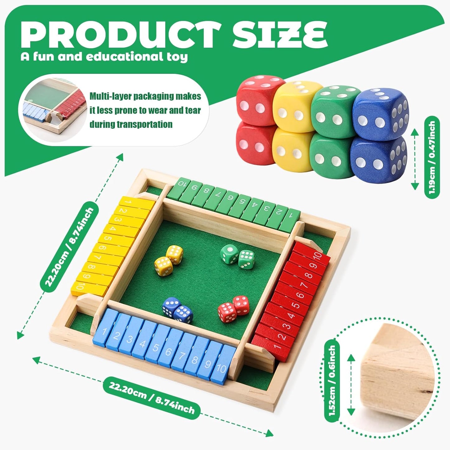 Shut The Box Game, 1-4 Players, Classic 8Dice Closed-Box, Improves Mathematical Skills, Suitable for Families, classrooms, and Gatherings (8.74 * 8.74 inches, Vibrant Colors)