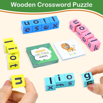 Word Spelling Games, Matching Letter Game for Kids, 20 Wooden Alphabet Blocks with 54 Flashcards, Preschool Learning Activities Toys, Montessori Educational Toys Gifts for Kids Ages 3-8