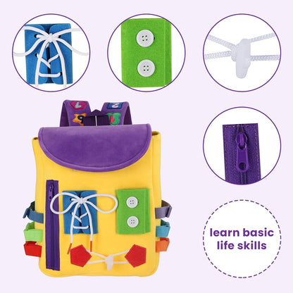 Busy Board - Toddler Backpack with Buckles and Learning Activity Toys - Develop Fine Motor Skills and Basic Life Skills - Learn to Tie Shoes - Children's Travel Toy