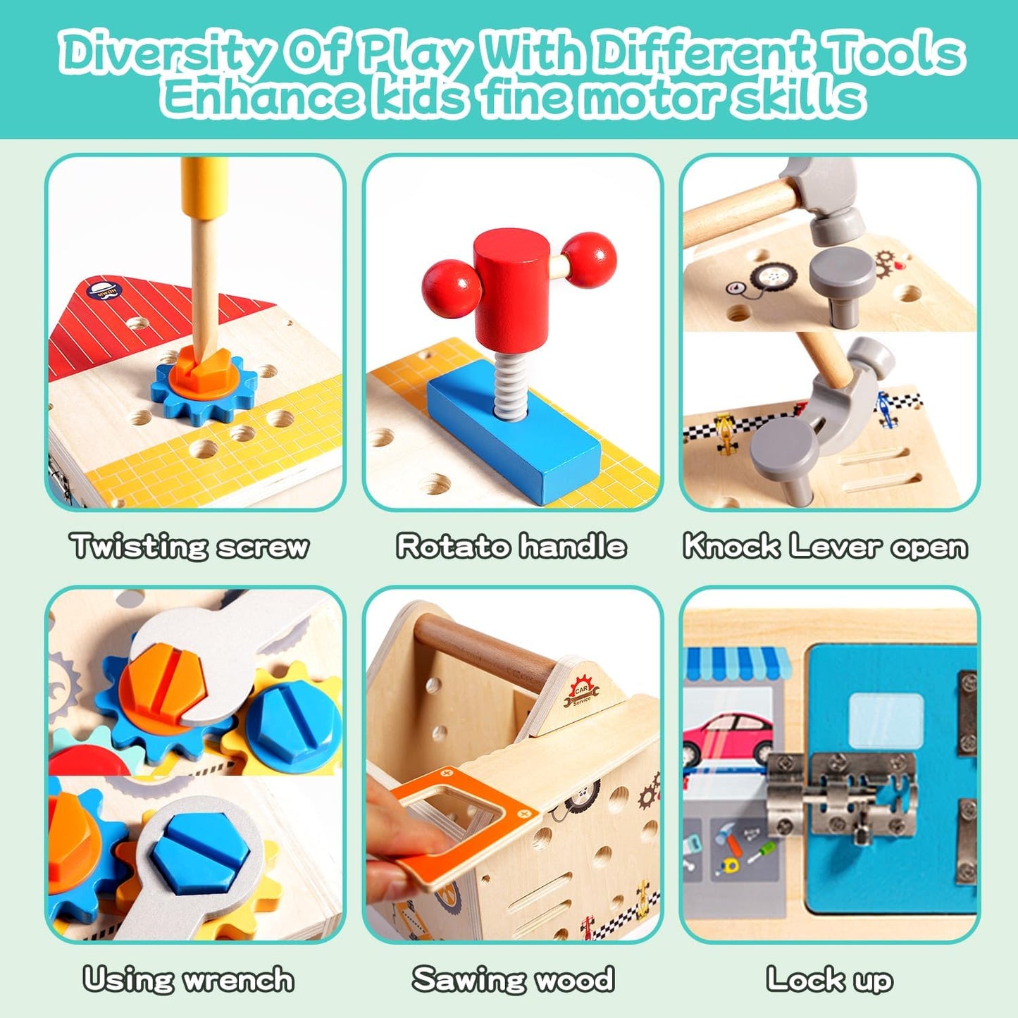 GAIETYDIY Toddler Tool Set - 33 PCS Wooden Kids Tools with Box/Bench/Tool House, Montessori Educational Pretend Play Preschool Toys Gifts for 3 Year Old Boy Girl Kids, STEM Fine Motor Skills Tool Set