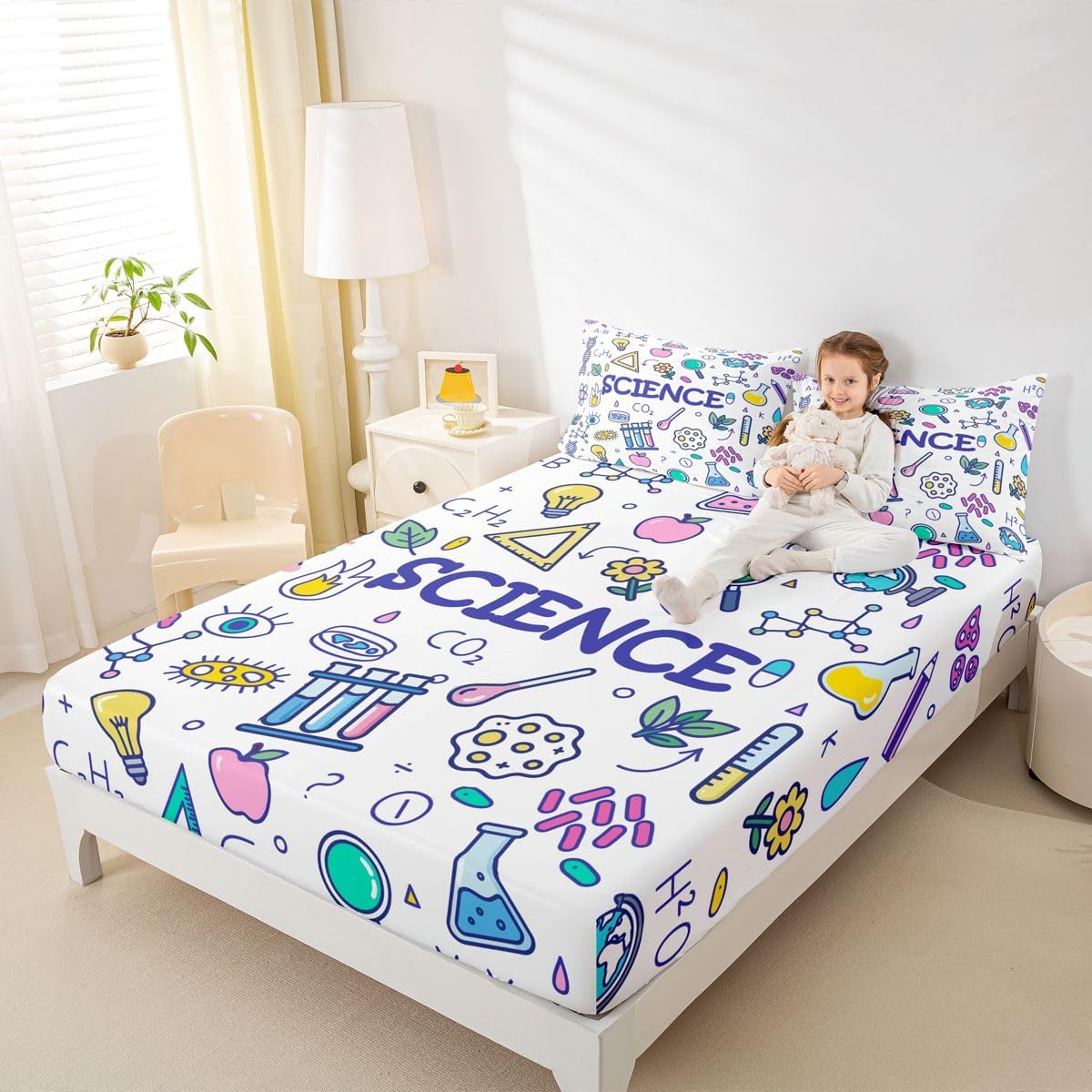 Erosebridal Chemistry Lab Fitted Sheet Twin Size Chemical Equation Bed Sheets for Boys Girls Chemical Elements Science Theme Bed Set Teens Kids Science Students Bedding Set School Dorm Room Decor