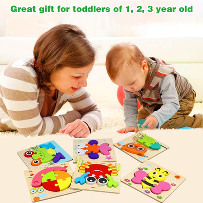 Dreampark Wooden Puzzles for Toddlers Ages 1-3, Montessori Toys for 1 2 3 Years Old Girls Boys Baby Kids Puzzle Learning Educational Christmas Birthday Gifts Toys 6 Pack Animal Jigsaw Puzzle