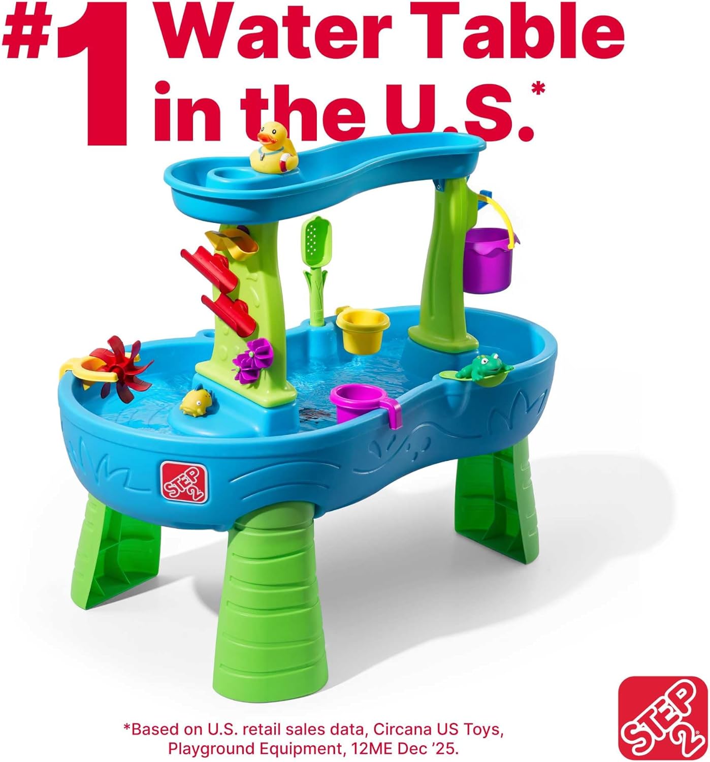 Step2 Rain Showers Splash Pond Water Table with Cover, Kids Water and Sand Activity Sensory Playset, Summer Outdoor Toys, 13-Piece Water Toy Accessories, For Toddlers 1.5+ Years Old, Blue & Green