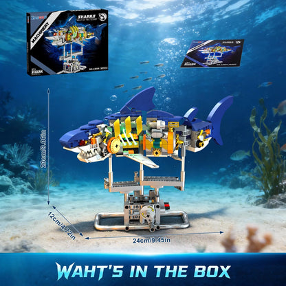 INSOON Mechanical Shark Building Set with LED Light, 687 PCS Movable Ocean Animal with Display Stand, Sea Fish Building Block Toy, Home Decor Gift for Adults Teens Kids Boys Ages 12+