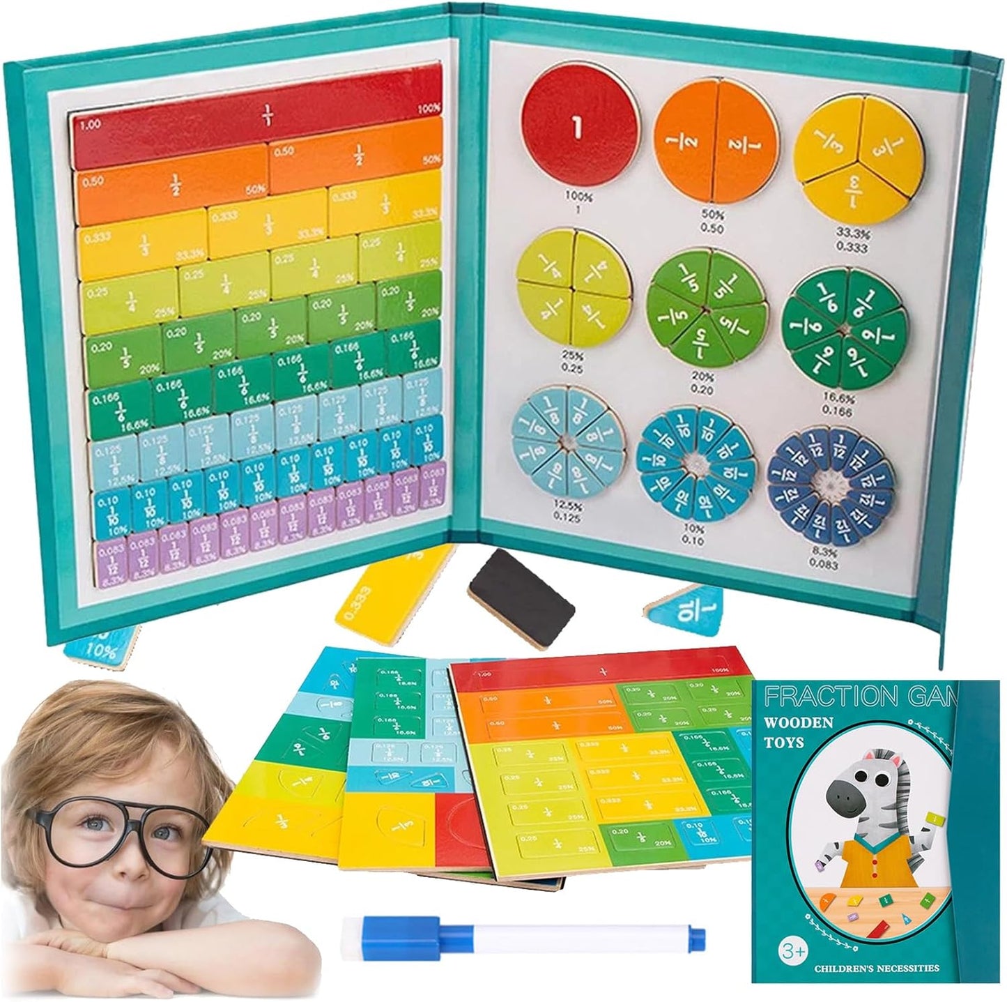 Magnetic Fraction Demonstration Book, Magnetic Fraction Tiles, Magnetic Math Fraction Disc Set, Educational Puzzle Fraction Manipulatives, Teaching Aid for Classroom (A)