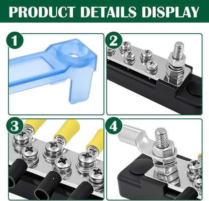 LENKRAD Ground Bus Bar 12V Marine 150A Battery Terminal Block Waterproof Power Distribution Block with 2 x M6 Post,10 x M4 Terminal Screws Negative Buss Bar for RV - 2Pcs
