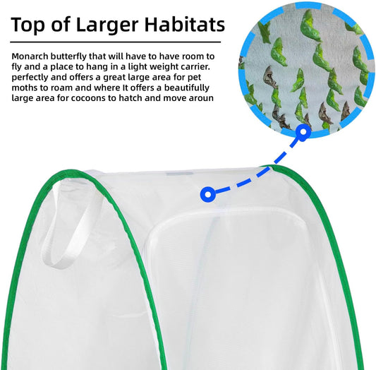 Outdoor Pop-up Large Insect and Butterfly Net Habitat，Windproof Trapezoidal Design，Collapsible Caterpillar Growing Mesh Cage Terrarium