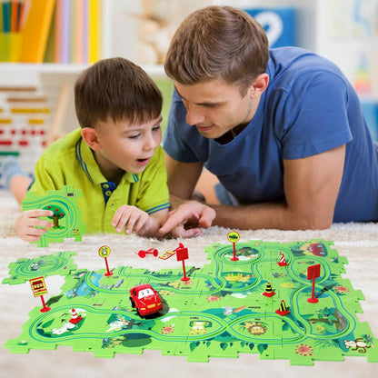 Plastic Floor Puzzles for Kids Ages 3-5, Puzzle Track Car Play Set, Educational Montessori Toys for 3 4 5 6 Year Old Boys, 3 4 5 6 Year Old Boy Birthday Gift, Boy Toys Age 3