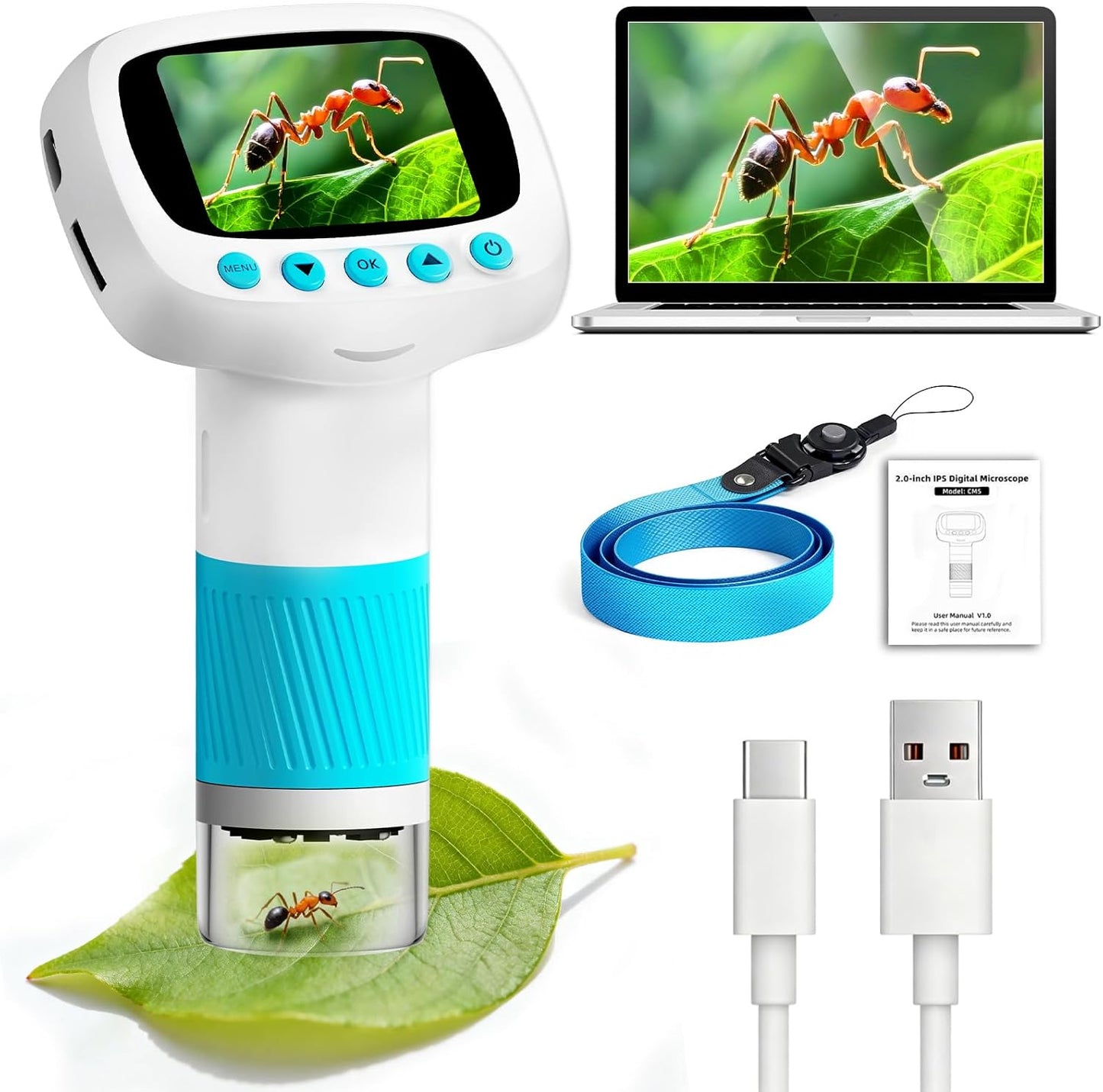 Microscope for Kids & Video Camera, Kid Science Toys，Handheld Digital Microscope，STEM Educational Toy for Wonder Quest，Magnifying Glass for Bugs，Birthday for Boys and Girls (Light Blue) (Blue)