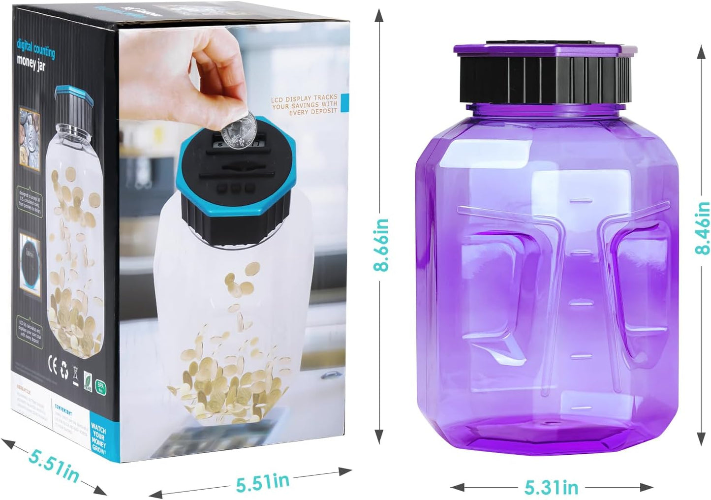 X-Large Piggy Bank for Adults Kids, Vcertcpl Digital Coin Counting Bank with LCD Counter, 2.4L Capacity, Great Coin Counter Bank Money Counting Jar with Total Amount Displayed (Purple)