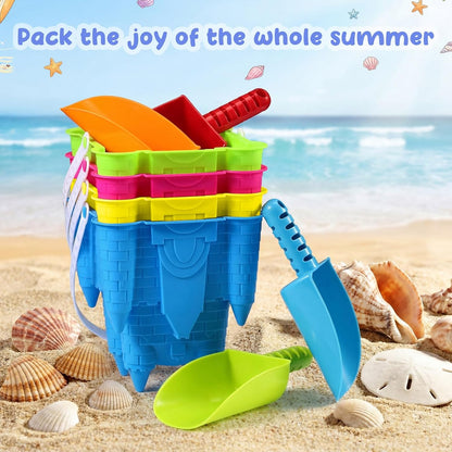 Realspring 4 Pcs Sand Castle Building Kit, 4 Sandbox Castle Molds Beach Buckets and 4 Sand Shovels Tools for Kids Summer Gift Beach Toys Toddlers Sandcastle Building Kit