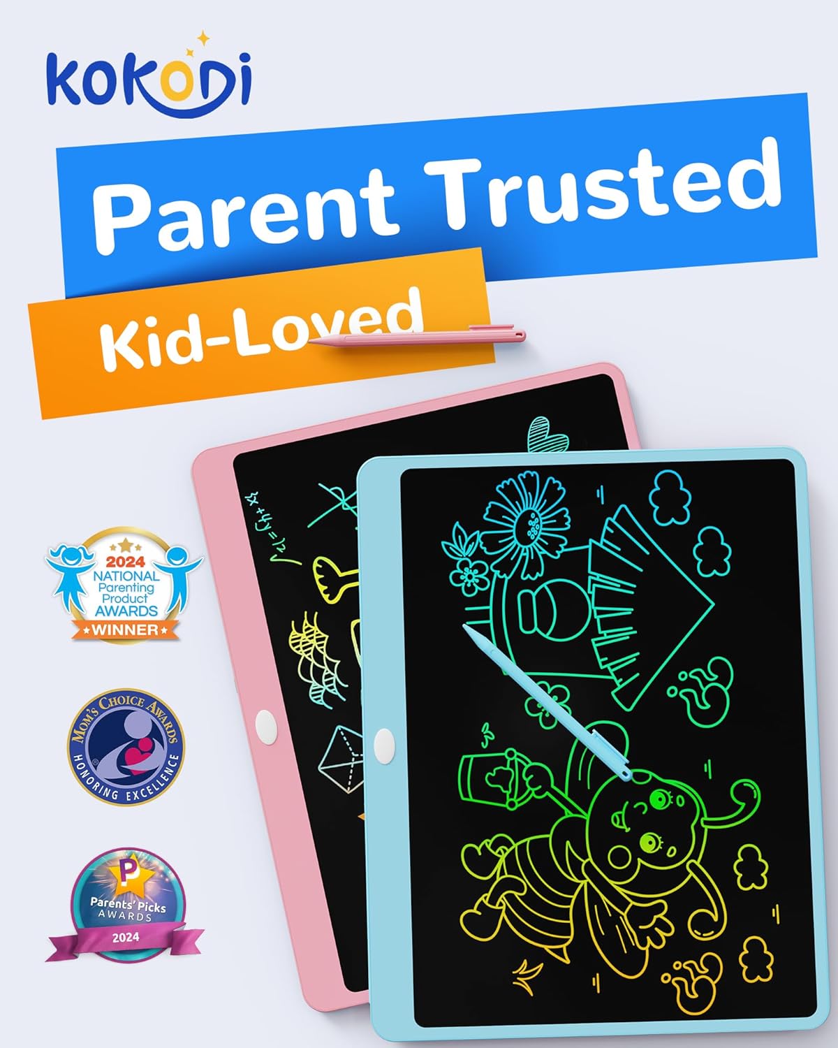 KOKODI LCD Writing Tablet, 12 Inch Colorful Toddler Doodle Board Drawing Tablet, Erasable Reusable Electronic Drawing Pads, Educational and Learning Toy for 3-6 Years Old Boy and Girls(Blue)