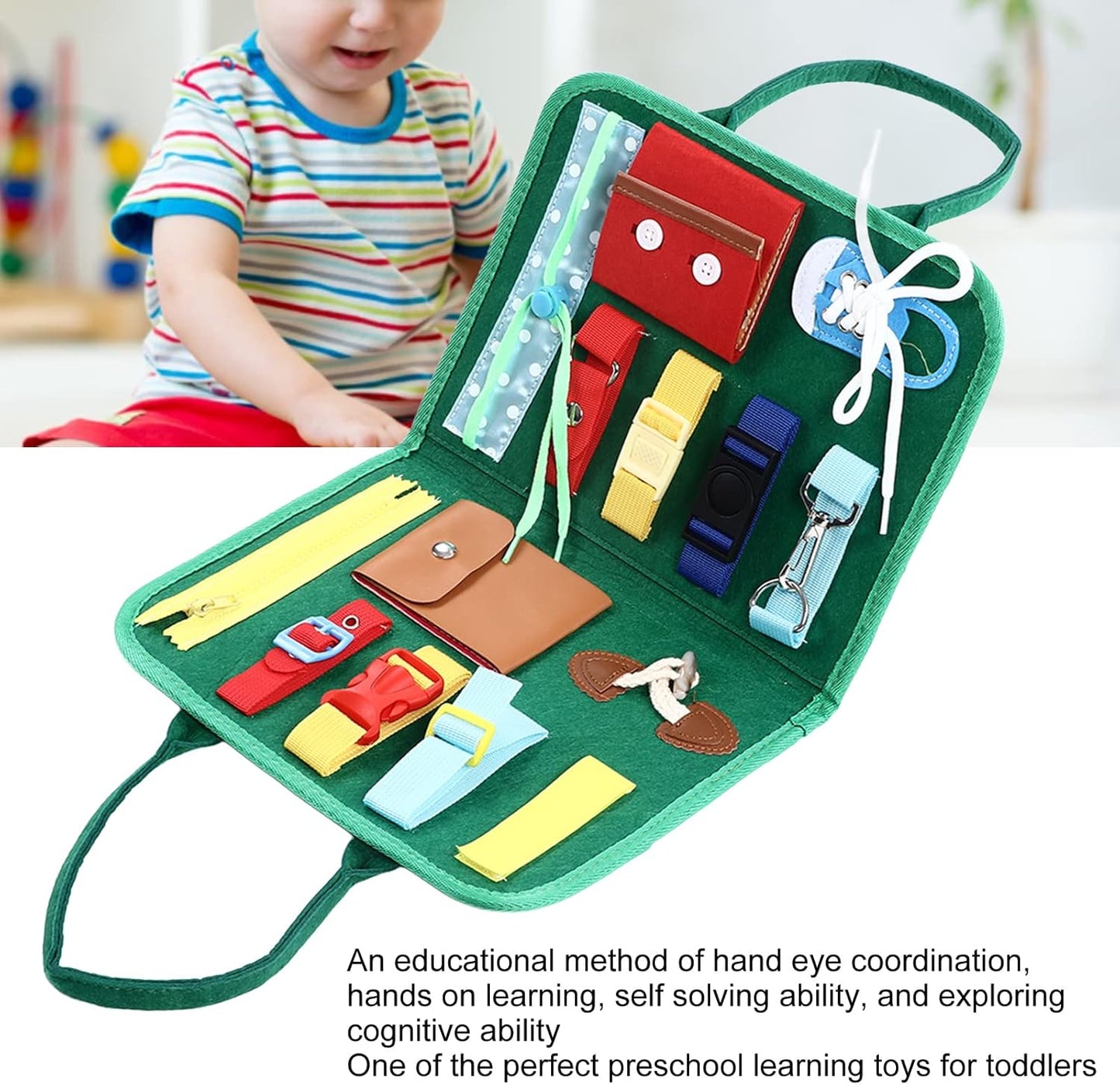 Educational Buckle Board Toy, Kids Dress Learning Toys, Sensory Board with Felt Tie Shoes and Buckles for Toddlers Fine Motor Skills Development