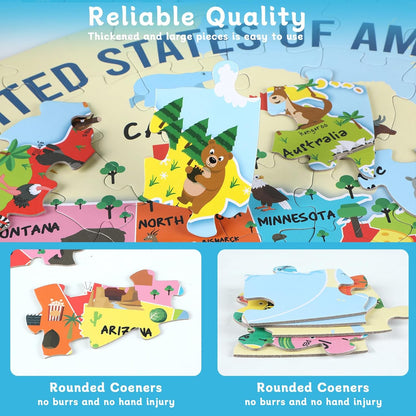 2 Sets World Puzzle United States Map Puzzle with Poster World and US Geography Jumbo Round Floor Puzzles Jigsaw for Kids Ages 3-5 Educational Learning Toys Puzzles Valentines Birthday Gift 70 Pieces