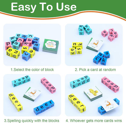 Word Spelling Games, Matching Letter Game for Kids, 20 Wooden Alphabet Blocks with 54 Flashcards, Preschool Learning Activities Toys, Montessori Educational Toys Gifts for Kids Ages 3-8