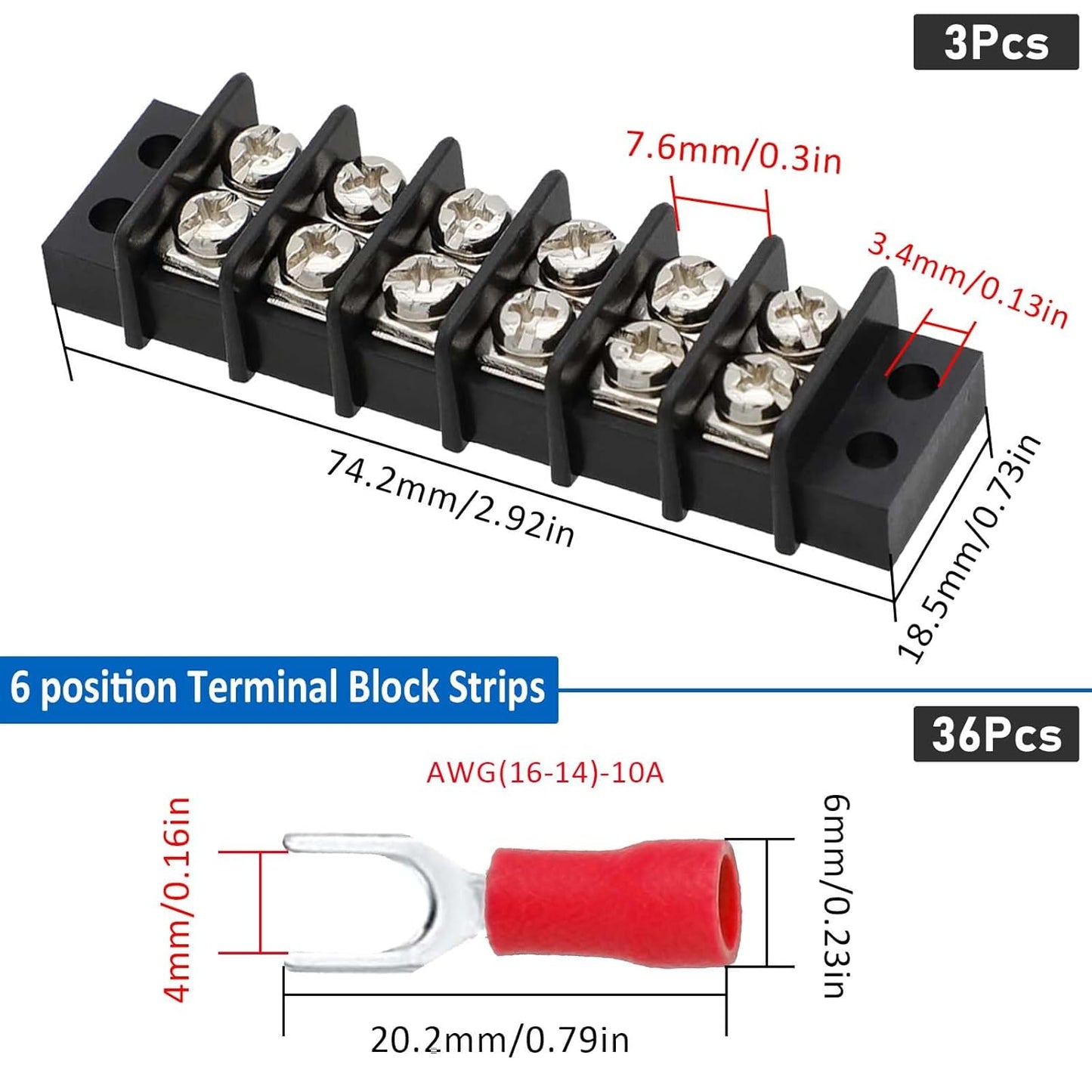 3sets 10 Position Terminal Strips， Dual Screw Terminals Block Strip with 16-14AWG Insulated Fork Wire Connectors for Electrical Wiring