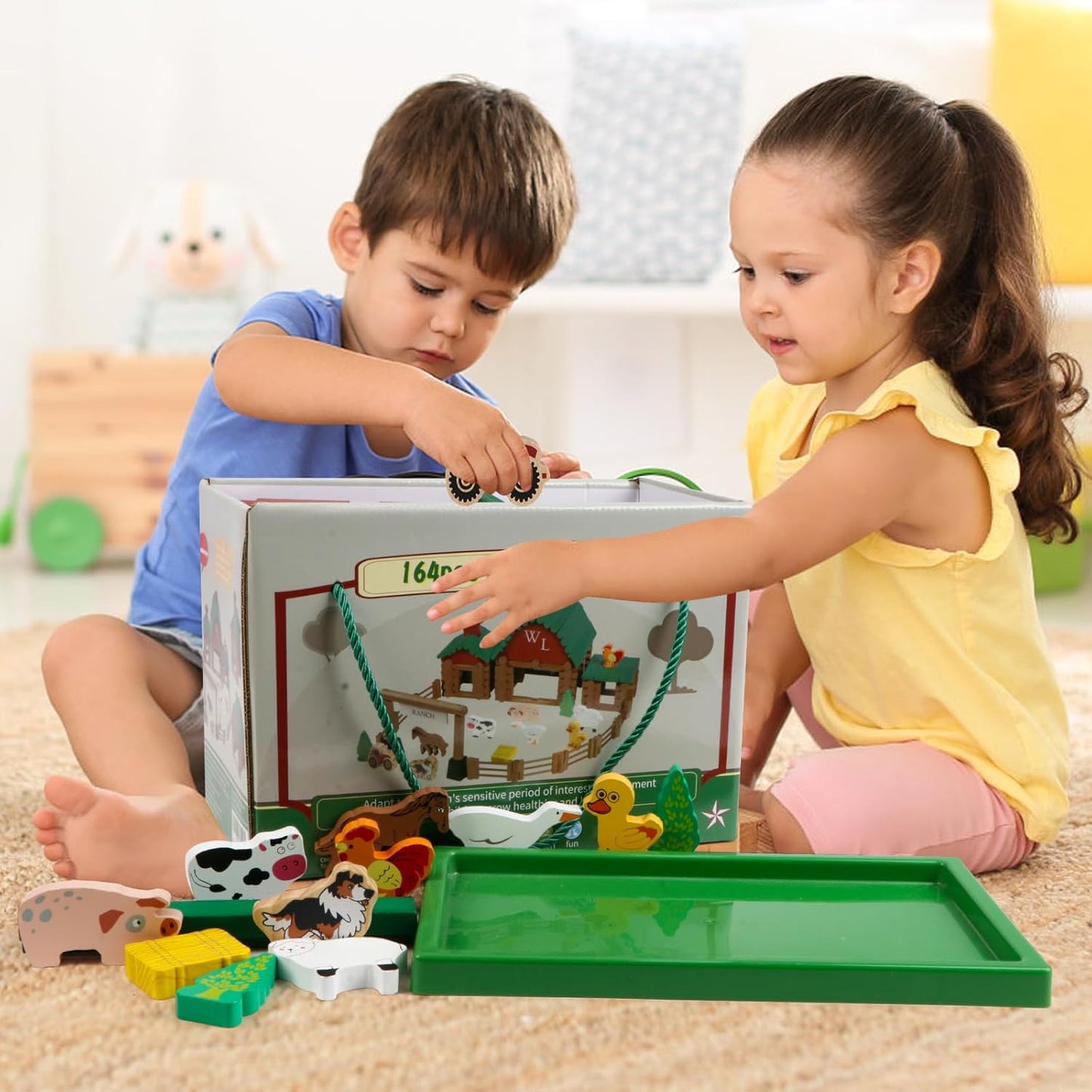 Wondertoys 208 Pcs Wooden Log Set - Classic Building Logs Ages 3+ - Best Retro Building Gift Set for Boys - Creative Construction Engineering Educational Gifts