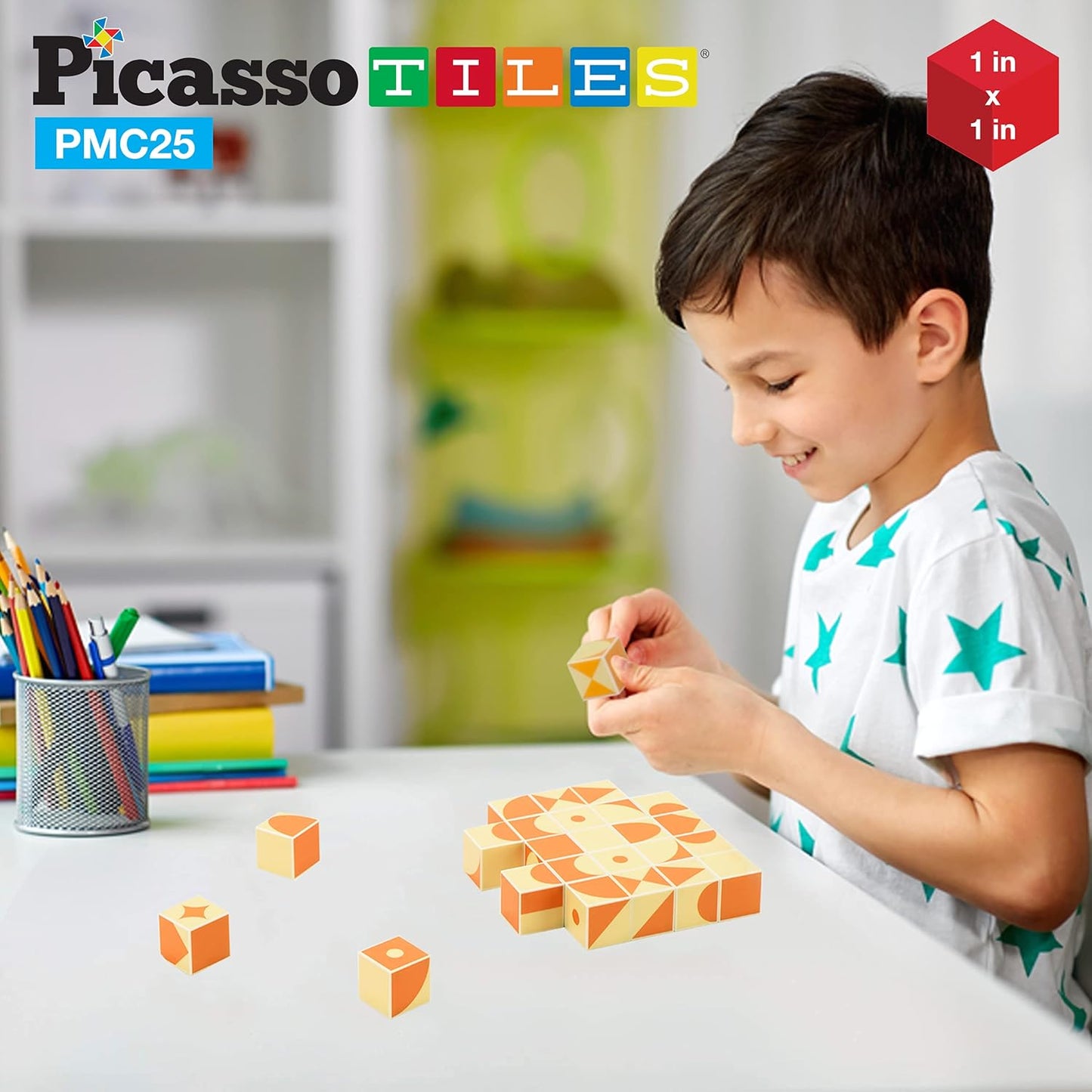 PicassoTiles 25 Piece Magnetic Puzzle Game Magic Cube Puzzles Brain Teaser Set Kids Toy Magnet Pattern Block Matching Toys with Free Ideabook 150+ Inspirations Included STEM Learning Early Education