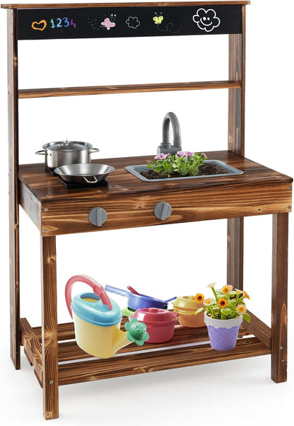KOTEK Mud Kitchen with Canopy, Outdoor Play Kitchen with Removable Sink, Chalkboard, 4 Stoves, Cooking Accessories & Storage Cabinet, Wooden Toy Kitchen Playset for Kids Age 3+