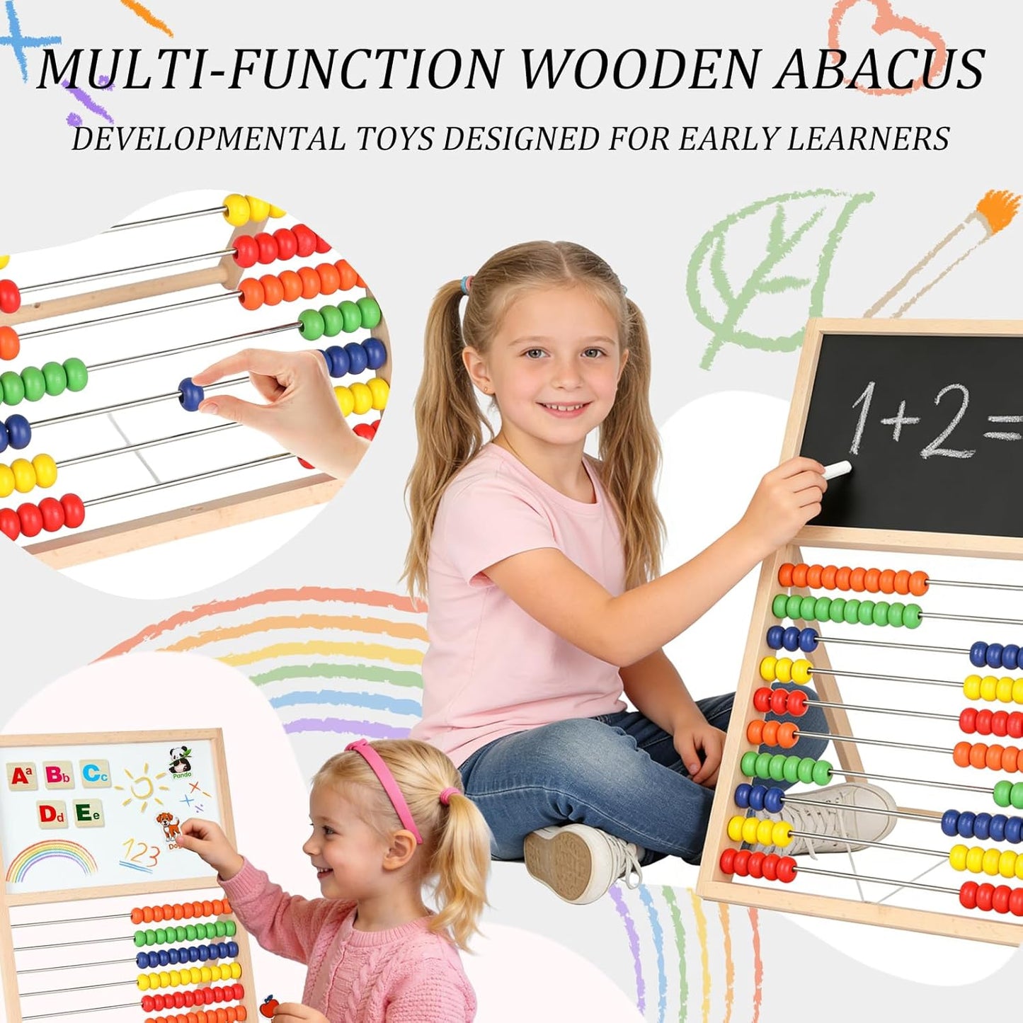 Wooden Abacus for Kids Math – Double-Sided Drawing Board with 100 Counting Sticks, 3 Sets Cards, Clock & Accessories, Educational Learning Toy for Ages 3-8, Homeschool & Preschool Essentials